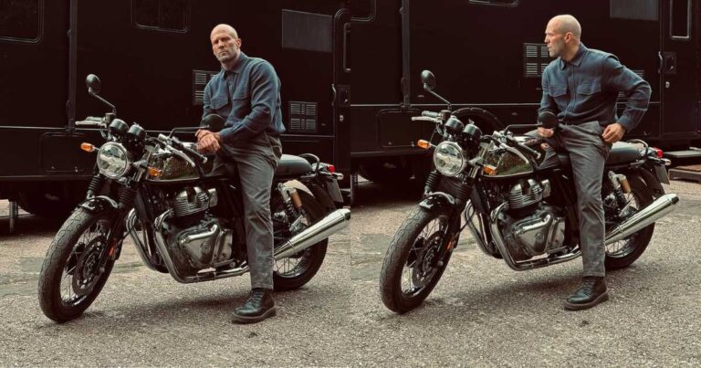 Jason Statham a Hollywood actor is pictured with a Royal Enfield Continental GT 650